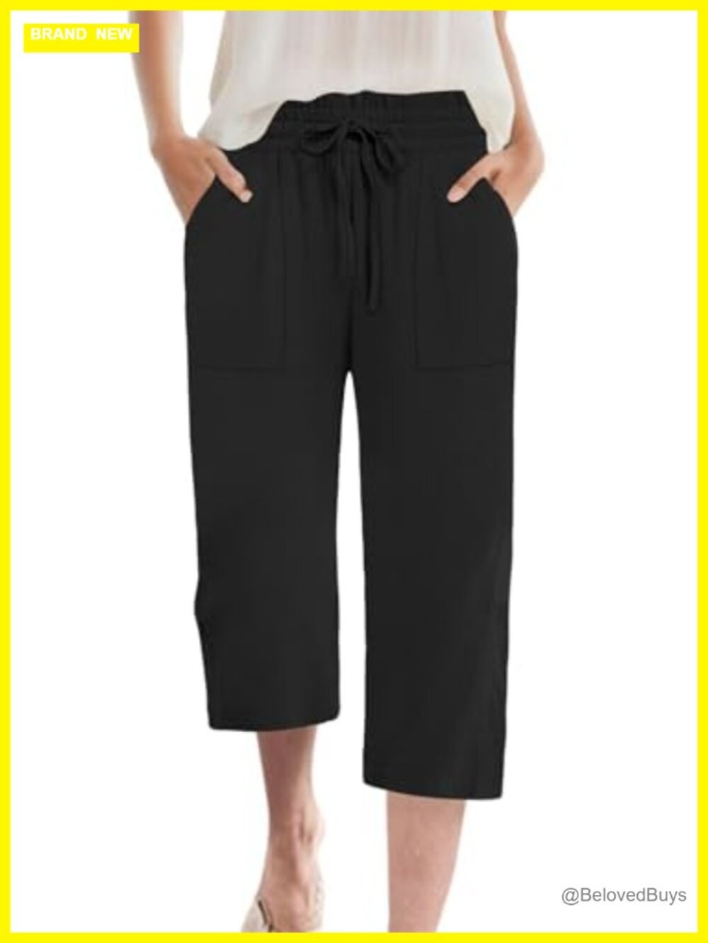 Womens Capri Pants Chiffon Wide Leg High Waisted with Pockets